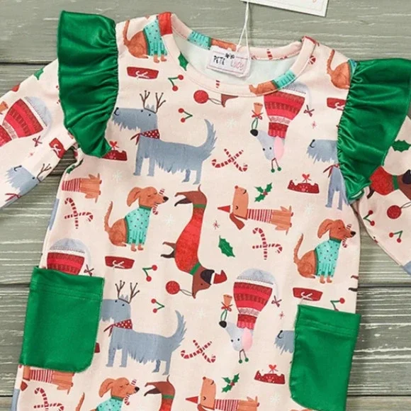 We Woof You a Merry Christmas Ruffle Romper PETE + LUCY Winter Holiday 6-9 NEW - Picture 2 of 7